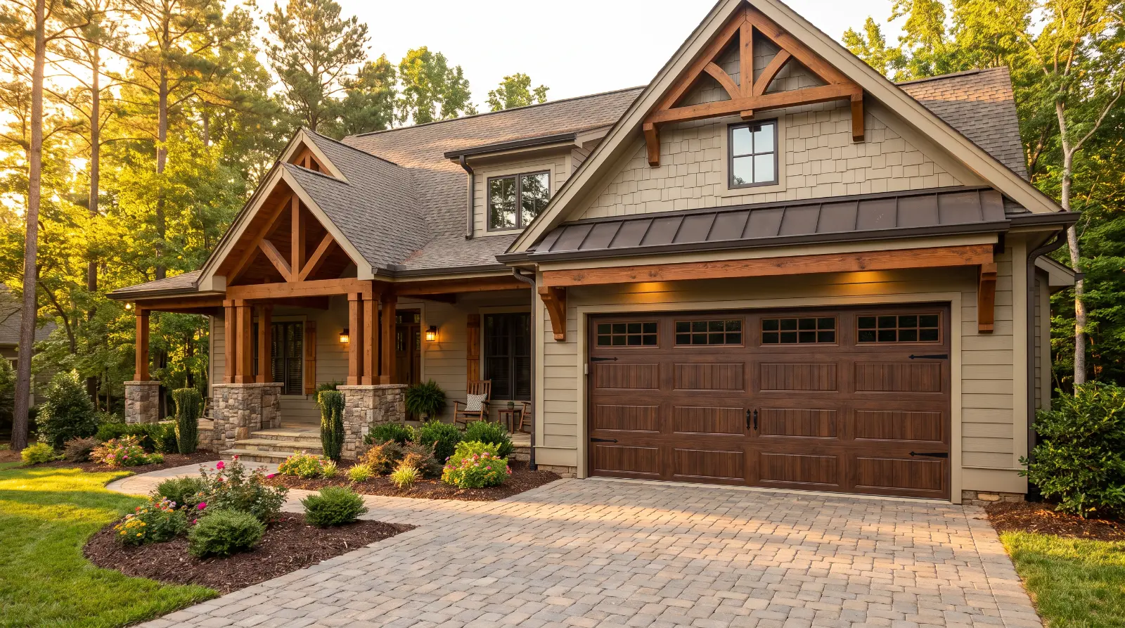 Craftsman-style home with a dark brown carriage-house style garage door and stone accents